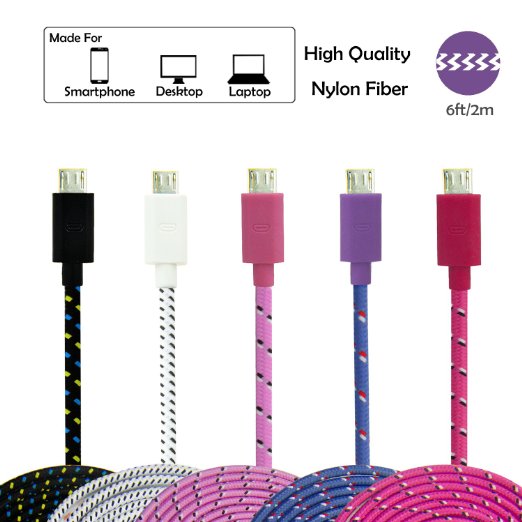 Magic-T Pack of 5 Durable Braided 6 Foot 2 Meter Micro USB Cable Charging Cord for Samsung Galaxy S4 S3 S2 Note 1 2 HTC One X One 2M8 Motorola Droid
