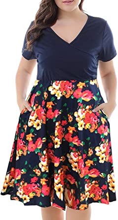 Nemidor Women's V-Neck Print Pattern Casual Work Stretchy Plus Size Swing Dress with Pocket