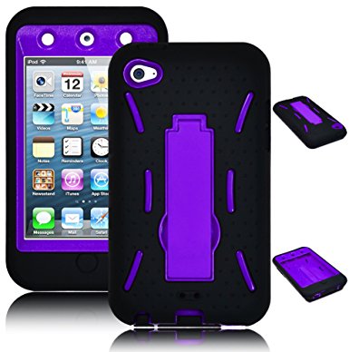 Bastex Heavy Duty Hybrid Case for Touch 4, 4th Generation iPod Touch - Black Silicone / Purple Hard Shell with Kickstand