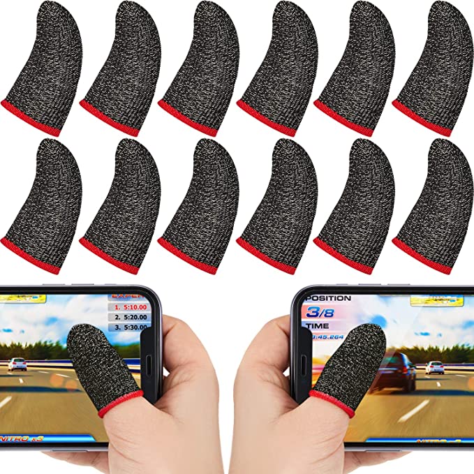 30 Piece Finger Sleeve for Gaming Mobile Game Controller Finger Thumb Sleeve Anti-Sweat Breathable Seamless Touchscreen Finger Cover Silver Fiber for Phone Game PUBG (Red Brim)