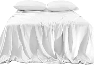 Elegant Comfort Luxurious 4-Piece Silky Satin Sheet Set, Skin and Hair Friendly, Wrinkle, Fade, Stain Resistant with Deep Pockets Fitted Sheet, Cooling Soft Satin Sheet Set, Queen, White