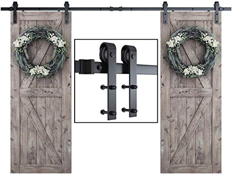 SMARTSTANDARD Heavy Duty 16FT Double Gate Sliding Barn Door Hardware Kit, Black, 16' Two Track Rail, Super Smoothly and Quietly, Easy to Install