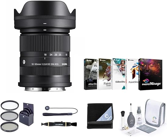 Sigma 18-50mm f/2.8 DC DN Contemporary Lens for Sony E, Bundle with 55mm Filter Kit, Lens Cleaner, Lens Wrap, Lens Cap Tether, Cleaning Kit, PC Software Kit