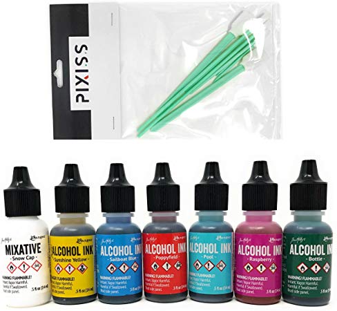 Favorites Collection 16 - Tim Holtz Alcohol Inks and Mixatives 7 Bottle Bundle, Sunshine Yellow, Sailboat Blue, Poppyfield, Pool, Raspberry, Bottle, Snow Cap Mixative, 8X Pixiss Ink Blending Tools