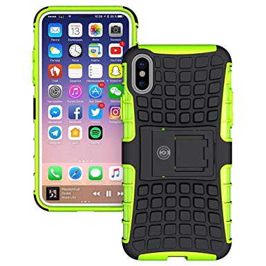 iPhone X Case, iPhone X Case by Cable and Case - [Heavy Duty] Tough Dual Layer 2 in 1 Rugged Rubber Hybrid Hard/Soft Impact Protective Cover [with Kickstand] Shipped from The U.S.A. - Green