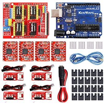 KeeYees Professional 3D Printer CNC Kit with E-Tutorial - CNC Shield Expansion Board V3.0 R3 Board A4988 Stepper Motor Driver DC Power Cable Mechanical Switch Endstop with Jumper caps