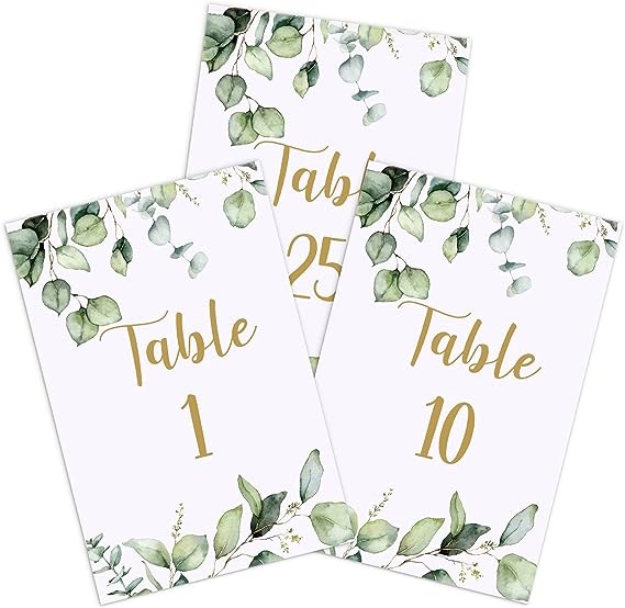 26 Pieces Wedding Table Numbers Cards 1-25 with Head Table Numbers Greenery Eucalyptus Table Cards Double Sided Party Table Numbers for Wedding Reception Baby Shower Birthday Bridal Party (Gold)