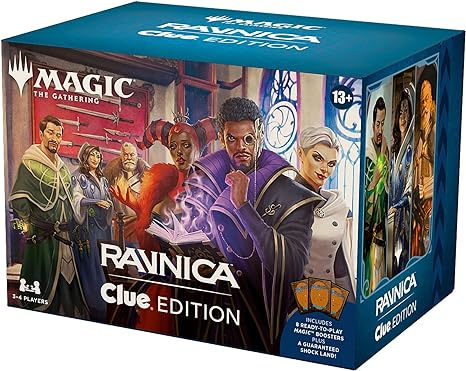 Magic: The Gathering Ravnica: Clue Edition - 3-4 Player Murder Mystery Card Game (Includes 8 Ready-to-Play Boosters, 21 Evidence Cards, 1 Foil Shock Land, and Detective Game Accessories)