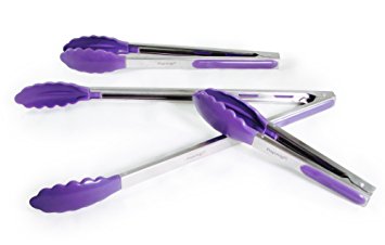Prepology 9, 12, 16-Inch Non-Stick Stainless Steel Kitchen Tongs with Silicone Tips and Locking Feature, Purple