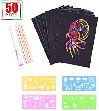 aierliusa Scratch Pictures Set for Children, Scratch Paper Set, 50 Large Sheets of Rainbow Scratching Paper for Drawing and Crafting, with Stencils, Wooden pins and Stickers.(5.2x7.3inch)