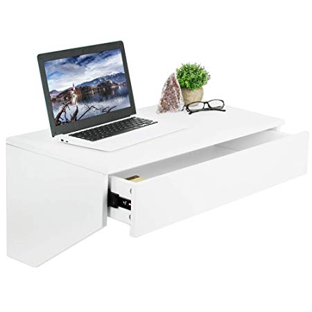 VIVO White Wall Mounted Desk with 28 inch Surface and Pull Out Drawer | Floating Wall Organizer, Under Storage Workstation (DESK-SF01W)