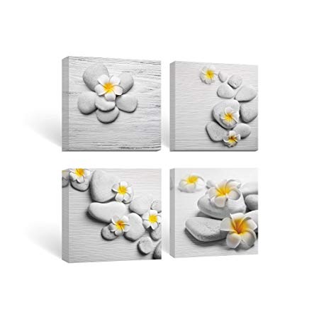 SUMGAR Framed Wall Art for Bathroom Canvas Paintings for Bedroom Yellow Flowers Frangipani Zen Stones,12''x12''x4