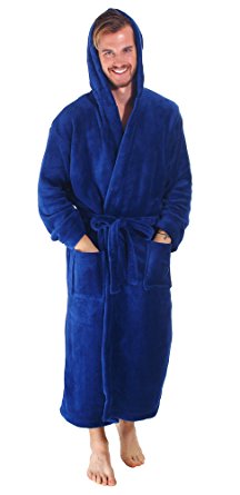 Womens Mens Fleece Robe Long Plush Hooded Bathrobe with Pockets