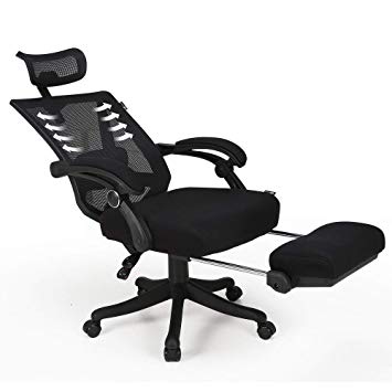 Hbada Reclining Office Desk Chair | Adjustable High Back Ergonomic Computer Mesh Recliner | White Home Office Chairs with Footrest and Lumbar Support (Black)