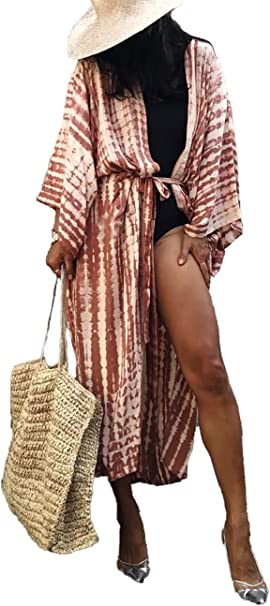 Bsubseach Stylish Tie Dye Open Front Long Kimono Swimsuit Cover up for Women
