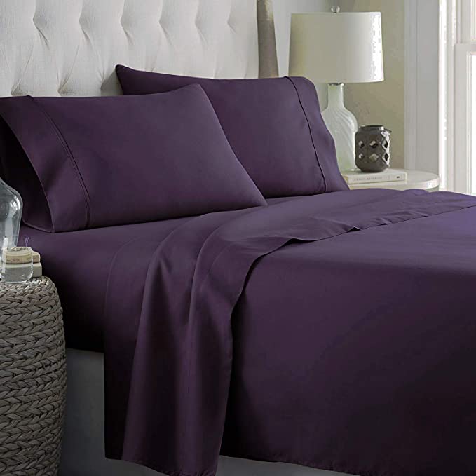 Marina Decoration 600 Thread Count Ultra Soft Deep Pocket Hotel Standard Solid Long Staple Cotton 4 Pieces Sheet Set with 2 Pillowcases, Eggplant Color King Size