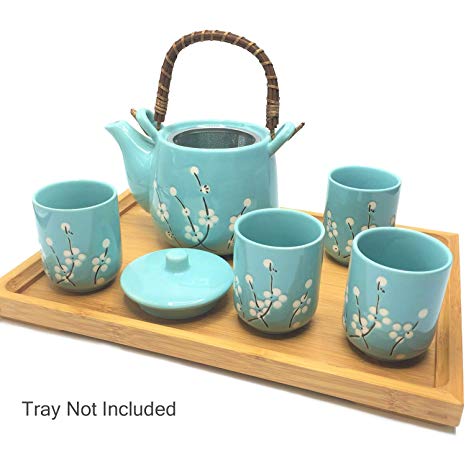 Mose China ~ 6 1/2" Deluxe Teal with White Plum-Flower Japanese Ceramic Tetsubin Teapot & Teacups, Tea Set, Stainless Steel Infuser & Rattan Handle included