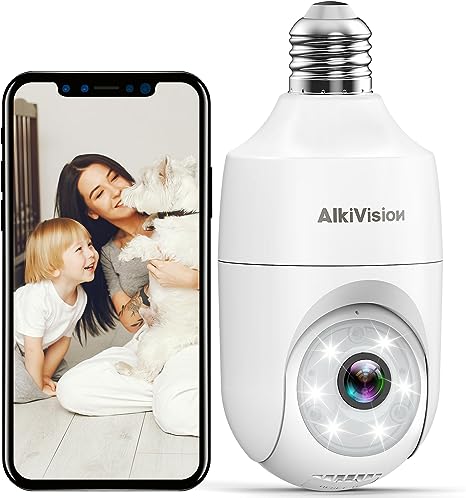 Alkivision 2K Light Bulb Security Cameras Wireless Outdoor - 2.4G Hz 360° Motion Detection Cameras for Home Security Outside Indoor, Full-Color Night Vision, Auto Tracking, Siren Alarm, 24/7 Recording