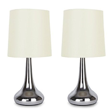Pair of - Modern Chrome Teardrop Touch Table Lamps with Cream Fabric Shades