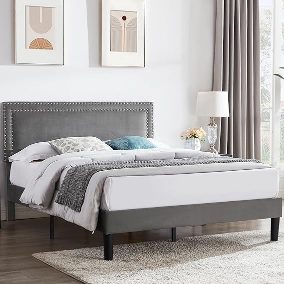 VECELO Queen Size Platform Bed Frame with Height Adjustable Upholstered Headboard, Modern Mattress Foundation,Strong Wood Slat Support, No Box Spring Needed, Easy Assembly