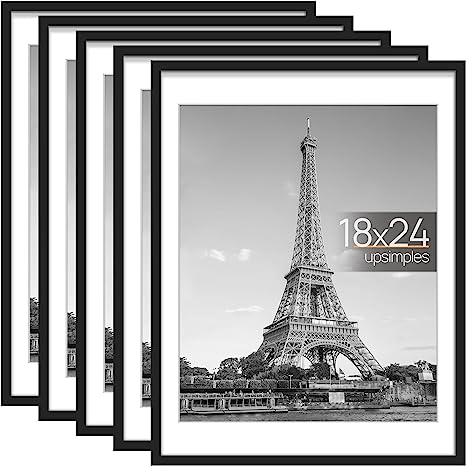 upsimples 18x24 Picture Frame Set of 5, Display Pictures 16x20 with Mat or 18x24 Without Mat, Wall Gallery Photo Frames, Black