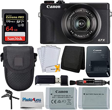 Canon PowerShot G7 X Mark III Digital Camera (Black)   64GB Extreme Pro Memory Card   Camera Case   Extra NB-13L Battery   Tabletop Tripod/Pistol Grip   USB Card Reader   Wallet   Lens Cleaning Pen