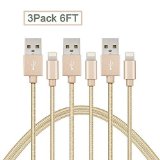 QuntisTM 3 Pack 6ft Durable Braided Syncing and Charging cable Lifetime Guarantee Lightning Charging Cord for iPhone 6s Plus 6 5s 5c 5 iPad Air  mini  4th Gen iPod nano  touch Gold
