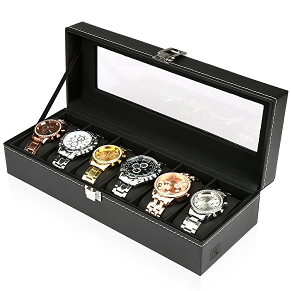 H&S® Glass Lid 6 Watch Jewellery Display Storage Box Case Bracelet Tray Faux Leather Black