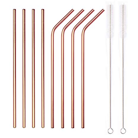 Stainless Steel Metal Straws Rose Gold 10.5'' Reusable Drinking Straws for 30 oz Tumblers Yeti Set of 8 (4 Straight   4 Bent   2 Brushes)