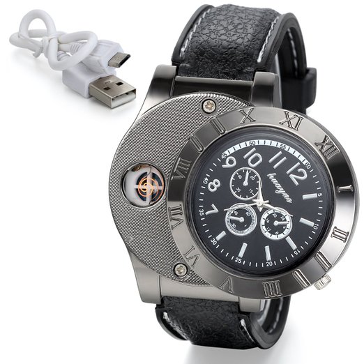 JewelryWe Mens Novelty Quartz USB Lighter Digital Watch - Black