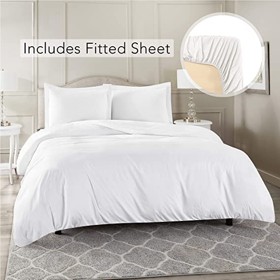 Nestl Bedding Duvet Cover with Fitted Sheet 4 Piece Set - Soft Double Brushed Microfiber Hotel Collection - Comforter Cover with Button Closure, Fitted Sheet, 2 Pillow Shams, Full - White