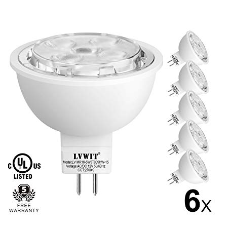 LVWIT MR16 LED Bulb, 5.5W (50W Halogen Bulbs Equivalent), 360 Lumens Non-Dimmable, GU5.3 Base, 2700K Warm White, 5 Year Warranty, UL-Listed, Pack of 6