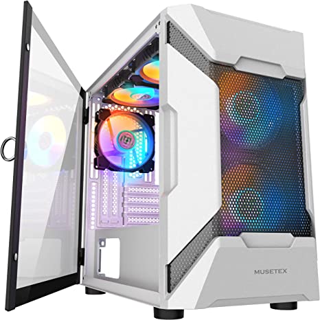 MUSETEX MESH Micro ATX Tower Case with 5 PCS × ARGB Fans Pre Installed and 2 PCS × USB 3.0 Ports, Magnetic Design Opening Tempered Glass Panel & Mesh Front Panel Gaming PC Case（MK7-WN5）