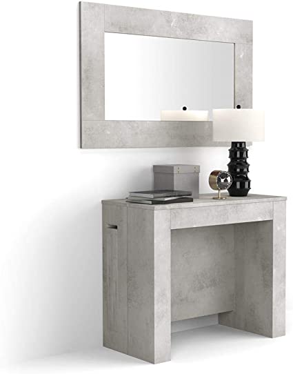 Mobili Fiver, Easy, Extendable Console Table with Extension Leaves Holder, Concrete Grey, Laminate-Finished/Aluminium, Made in Italy