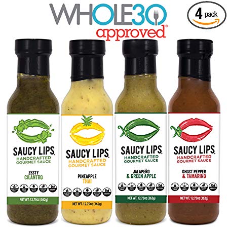 Saucy Lips Handcrafted Gourmet Sauce. Whole30 Approved Pack. Whole30 Approved, Keto, Vegan, Non-GMO, and Gluten Free. Sugar Free, Low Carb & Low Sodium. Soy, Dairy, Nut, and Gluten Free 12 oz (4 pack)