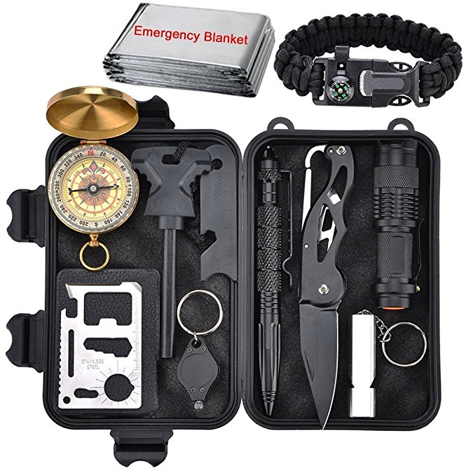 Justech Emergency Survival Kit 13 in 1, Mini Survival Gear Kit Outdoor Survival Tool with Thermal Blanket Carabiner Bracelet Fire Starter More for Adventure Outdoors Sports Traveling Hiking