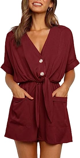 Ivay Womens V Neck Button Rompers Knot Tie Short Sleeve Sexy Loose Playsuit Jumpsuit with Pockets