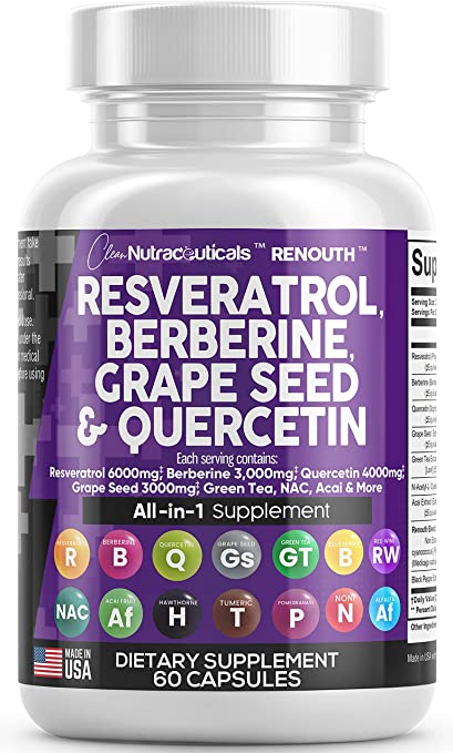 Resveratrol 6000mg Berberine 3000mg Grape Seed Extract 3000mg Quercetin 4000mg Green Tea Extract - Polyphenol Supplement for Women and Men with N-Acetyl Cysteine, Acai Extract - Made in USA 60 Caps