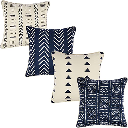 REDEARTH Printed Throw Pillow Cushion Covers-Woven Decorative Farmhouse Cases Set for Couch, Sofa, Bed, Farmhouse, Chair, Dining, Patio, Outdoor, car; 100% Cotton (18x18; Indigo) Pack of 4