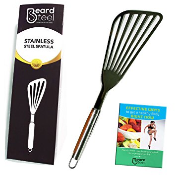Fish Spatula - Stainless Steel Flexible Slotted Turner with Comfortable Handle for Frying, Turning and Grilling, Non-stick Cooking Utensil Set with FREE Silicone Mini Oven Mitts and Ebook