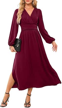 Dokotoo Womens Wrap V-Neck Empire Waist Dress Lantern Sleeve Ruched Side Slit Elegant Maxi Dress