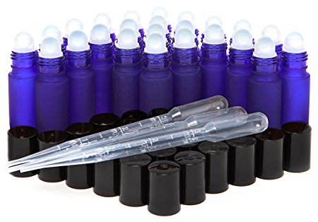 24, Frosted, Cobalt Blue, 10 ml Glass Roll-on Bottles with 3 - 3 ml Droppers
