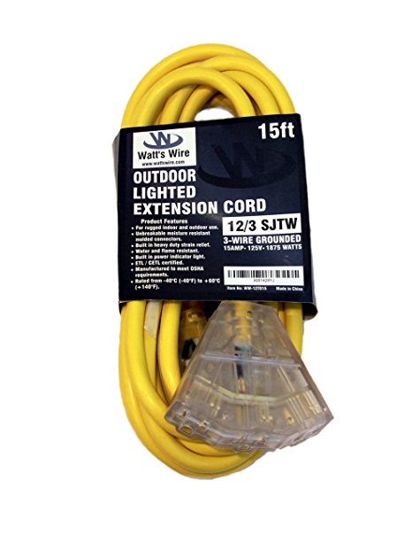 Watt's Wire 12 Awg / 3 Conductor 15 foot SJTW Rugged Duty Grounded Multi Tap Indoor / Outdoor Extension Cords - 12/3 15' Heavy Duty Multiple Outlet Lighted Pigtail Power Cord NEMA 5-15 12 Awg