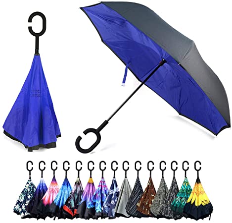 Double Layer Inverted Umbrellas C-Shaped Handle Reverse Folding Windproof Umbrella for Women Men (Royal Blue)