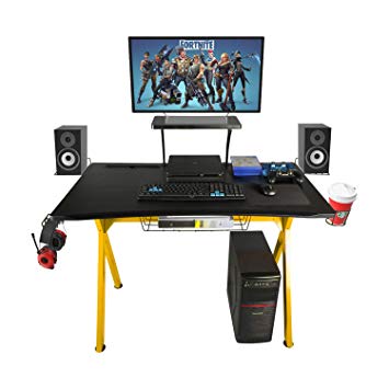 LAZZO X Type Gaming Desk 41" Game Table Home Computer Desk with Display Support Plate, Cup Holder and Headphone Hook,Gamer Workstation, Curved Front Desktop，Yellow & Black Design(41" Wx23.5 D)