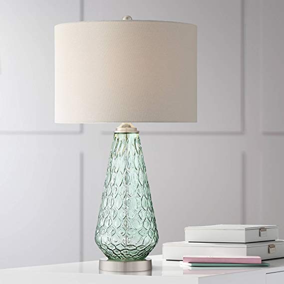 Julia Modern Table Lamp Green Glass White Drum Shade for Living Room Bedroom Bedside Nightstand Office Family - 360 Lighting