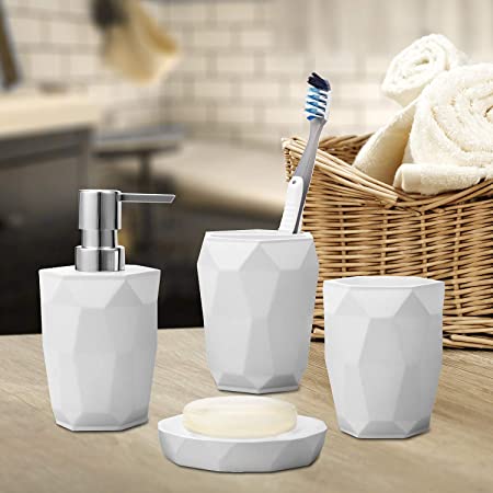 MyGift 4-Pc Geometric White Resin Bathroom Set with Soap Dispenser, Toothbrush Holder, Tumbler, Soap Dish