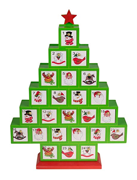 Christmas Tree 24 Day Wooden Advent Calendar | Premium Holiday Decor Painted Wood | Red and Green with Images of Santa, Snowman, Reindeer, Birds, and More | Measures 10.25" x 14"