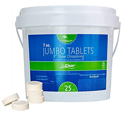 Rx Clear 3-Inch Stabilized Chlorine Tablets | One 25-Pound Bucket | Use As Bactericide, Algaecide, and Disinfectant in Swimming Pools and Spas | Slow Dissolving and UV Protected