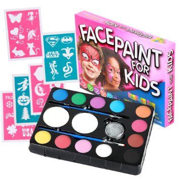 Face Paint Kit for Kids (47 Pieces) 12 Color Palette: 30 Stencils, 2 Brushes, 2 Sponges, 1 Glitter. Best Quality Professional Face Painting Party Set. Safe Non-Toxic, Boys & Girls. Free Online Guide